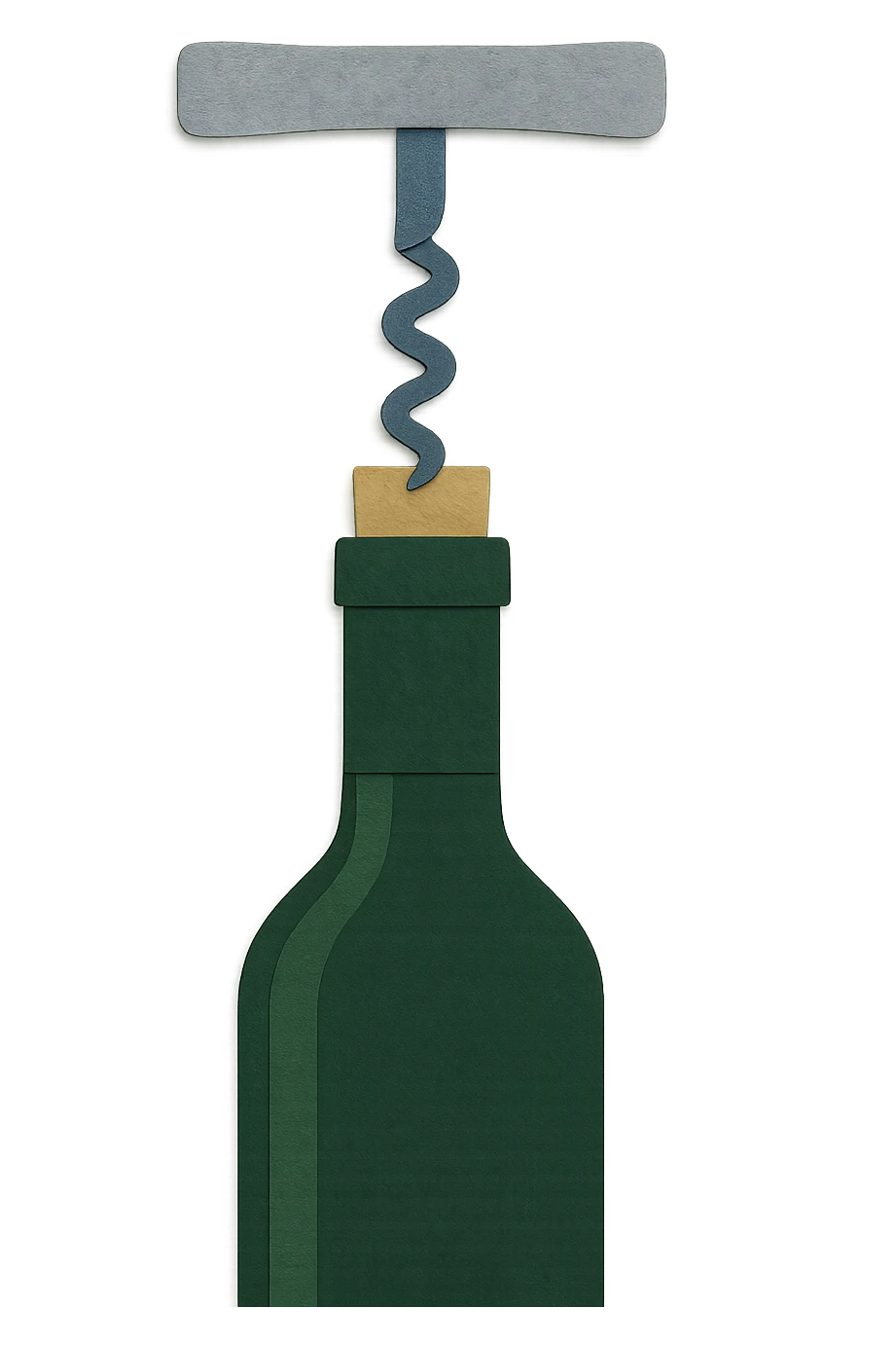 steel wine opening step 2: inserting wine opener screw, realistic dark green wine bottle color, no background emoji