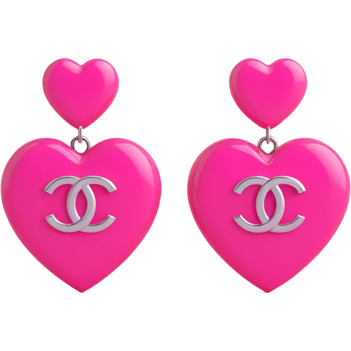 Remove any pearl elements, keep as glossy pink 3D emoji-style heart-shaped earrings with a silver Chanel logo in the center, elegant, with no background. emoji