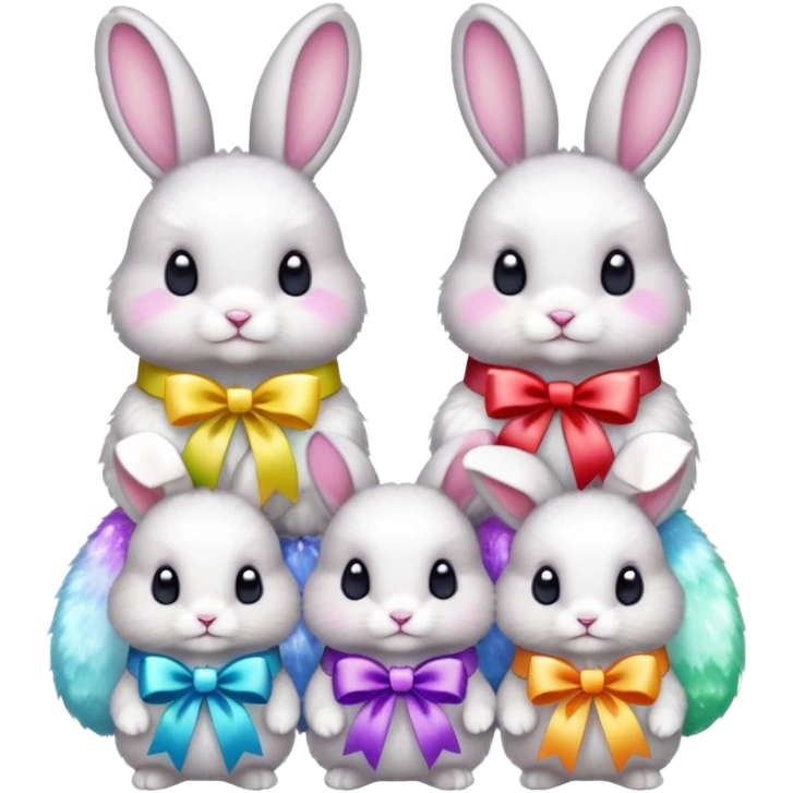 family of baby bunnies in line with ribbons holding crystals emoji