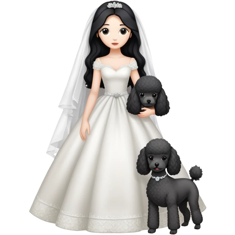 A beautiful girl with long black hair in a wedding dress holds a small gray poodle emoji