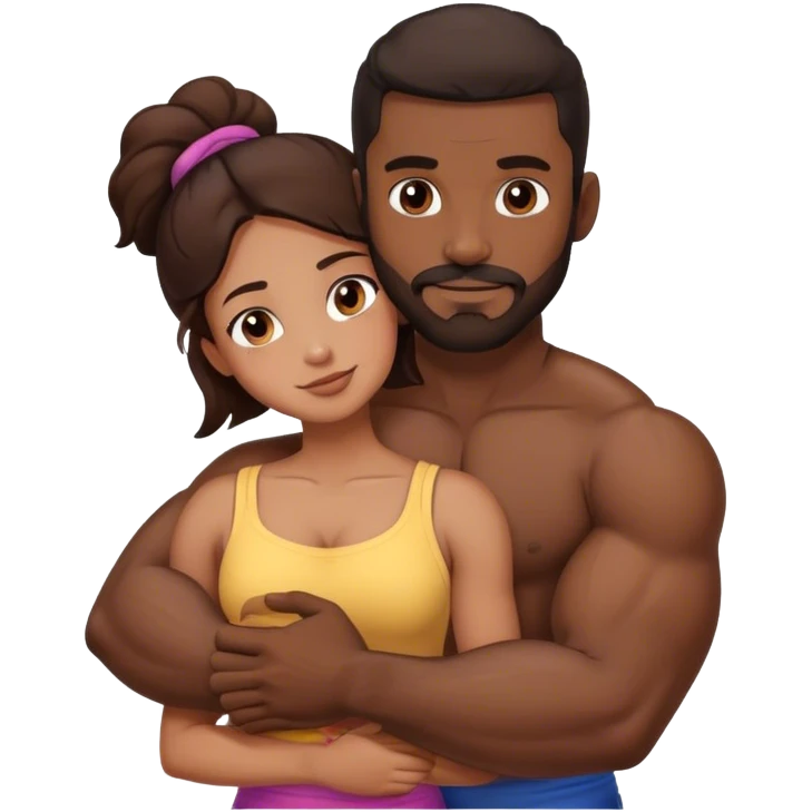 Black man with facial hair and muscles hug small brunette woman emoji