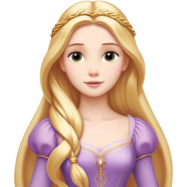 Cinematic Timeless Rapunzel Portrait Emoji, rendered in a clean, vector style. Depict Rapunzel with porcelain skin, beautifully styled long golden hair, and a serene, graceful expression, dressed in her classic gown. The design features bold, clean lines, a soft, magical glow, and a subtle glowing outline that captures her timeless, fairy-tale beauty. emoji