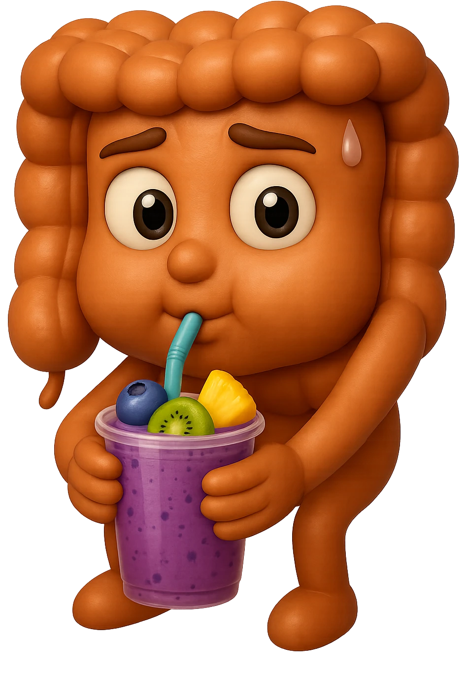 EMOJI STILE IPHONE DI un intestino umano anatomico che beve un frullato di mirtilli, ananas, kiwi, fagli anche la parte bianca degli occhi, non solo le pupille, REALISTICo 4K emoji