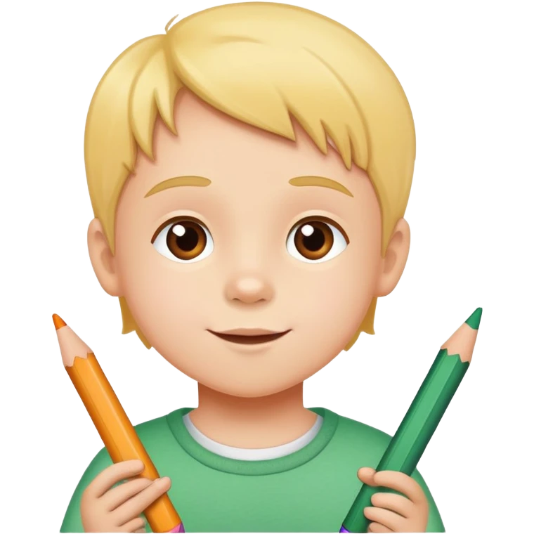 child drawing with crayons on paper, cheerful and creative emoji
