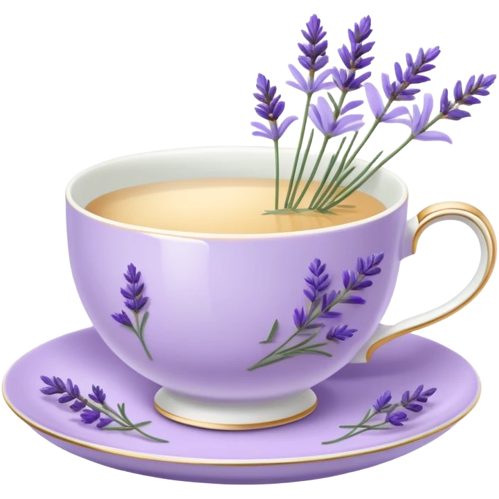 White teacup on a pastel purple plate, lavender flowers on the side emoji