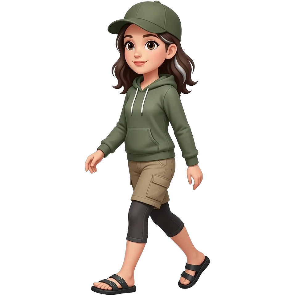 Woman in Birkenstocks, no socks, cargo capri shorts, hoodie, dark brown hair with silver streaks, flat trail, walking emoji
