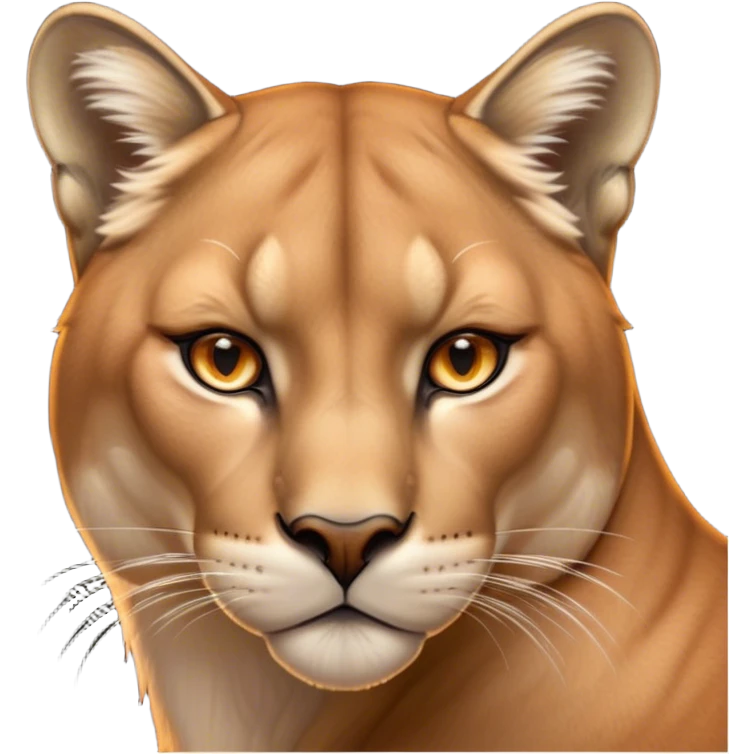 Cinematic Noble Cougar Portrait Emoji, Poised and regal, with a lithe, muscular build and a sleek, tawny Fur with subtle dark accents, deep-set soulful amber eyes, Simplified yet sharp and sophisticated features, highly detailed, glowing with a warm, dignified glow, high shine, intelligent and stealthy, stylized with an air of wild elegance, focused and attentive, soft glowing outline, capturing the essence of a watchful and confident predator, so majestic it feels as though it could silently pounce out of the screen with effortless authority! emoji