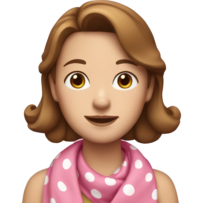 A white woman with brown hair wearing a pink kerchief with white polka dots emoji