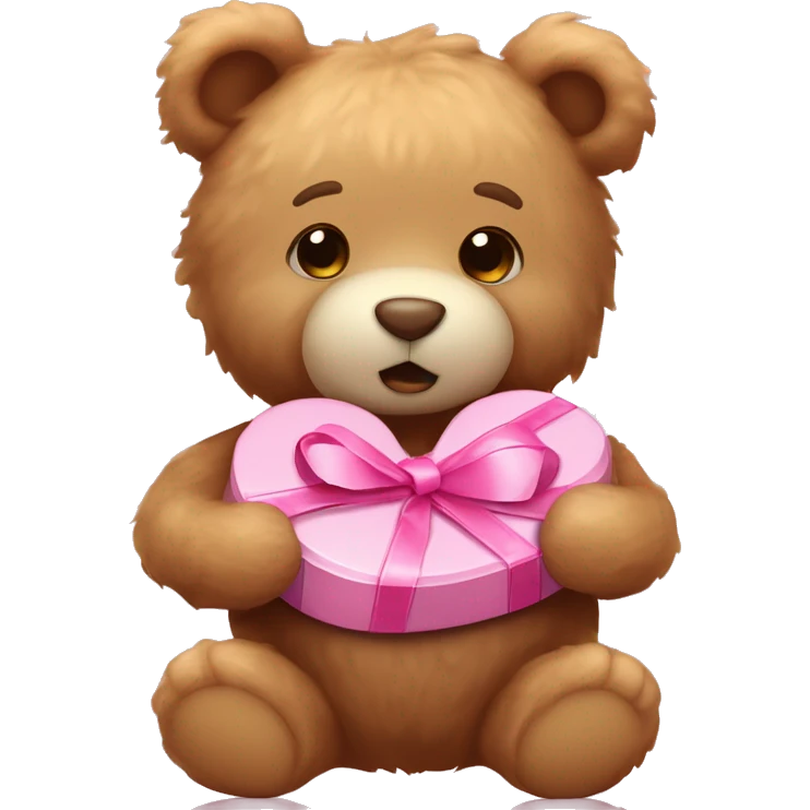 Light brown fluffy teddy bear holding a box of pink heart chocolates and has a bow on its head that’s light pink  emoji