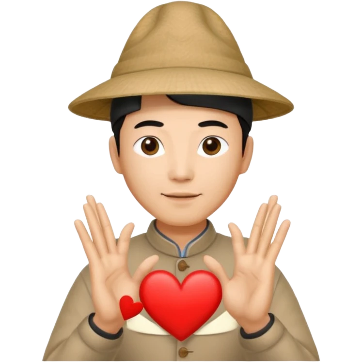 chinese man in pointy asian hat doing heart hands emoji