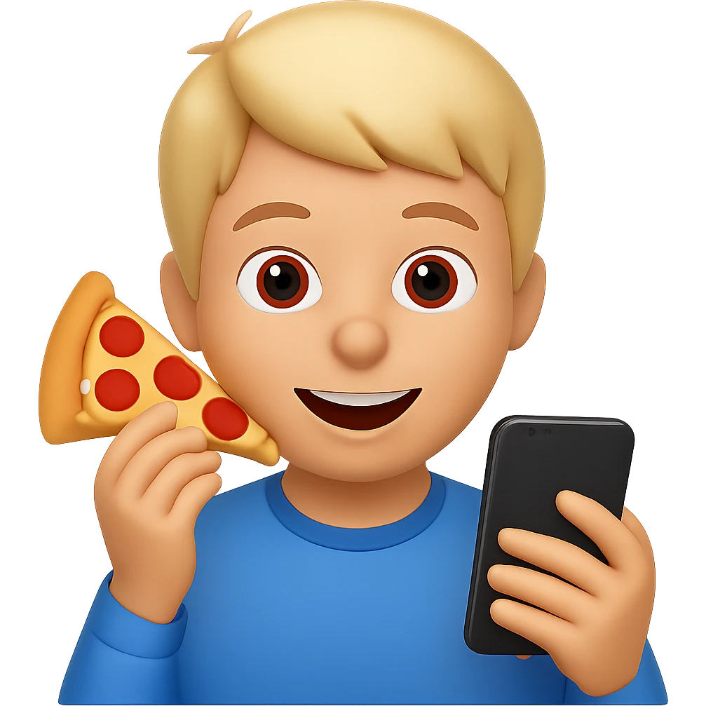 Change the food to pizza, keep the boy watching videos on his phone, emoji style, cheerful expression, with no background. The style should resemble apple style emojis. emoji