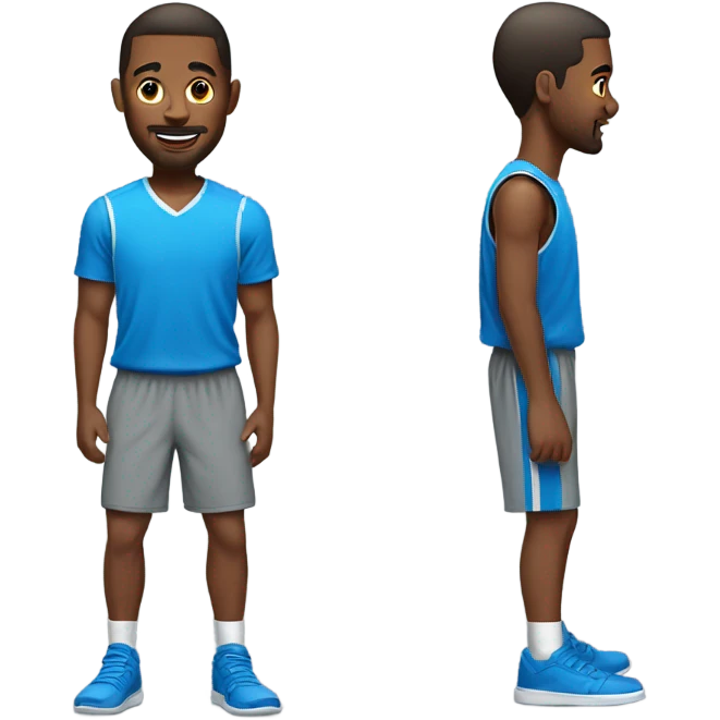 Guy with a blue shirt on gray shorts on about to play basketball emoji