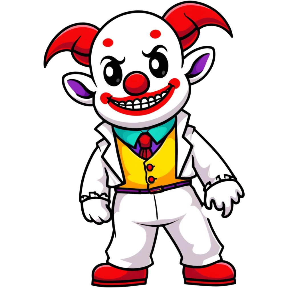 full-body demonic clown in a white leisure suit with bellbottom pants, bald, black ram horns, flashy belt, ruffled shirt, colorful tie, no elevator shoes emoji