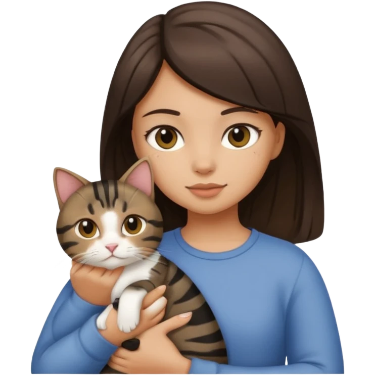 Brunette girl with light tan skin holding a fat black tabby cat emoji