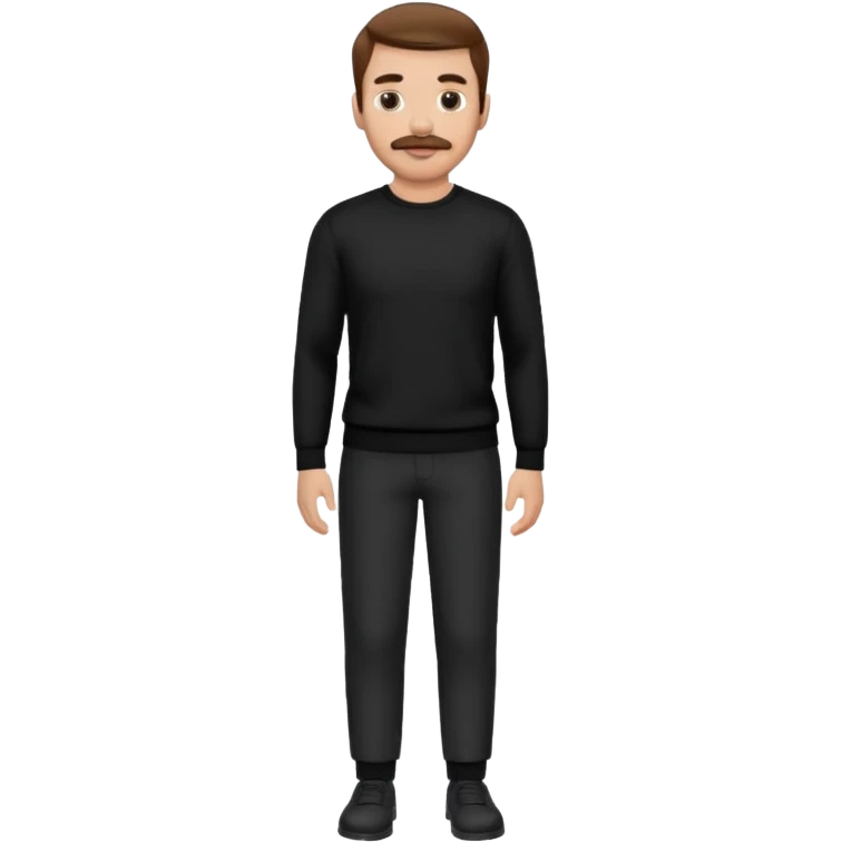 man with mustache, brown hair, 33years old, shirt, high temple Black pullover with a white shirt underneath and black fabric trousers 👕🖤👖 emoji