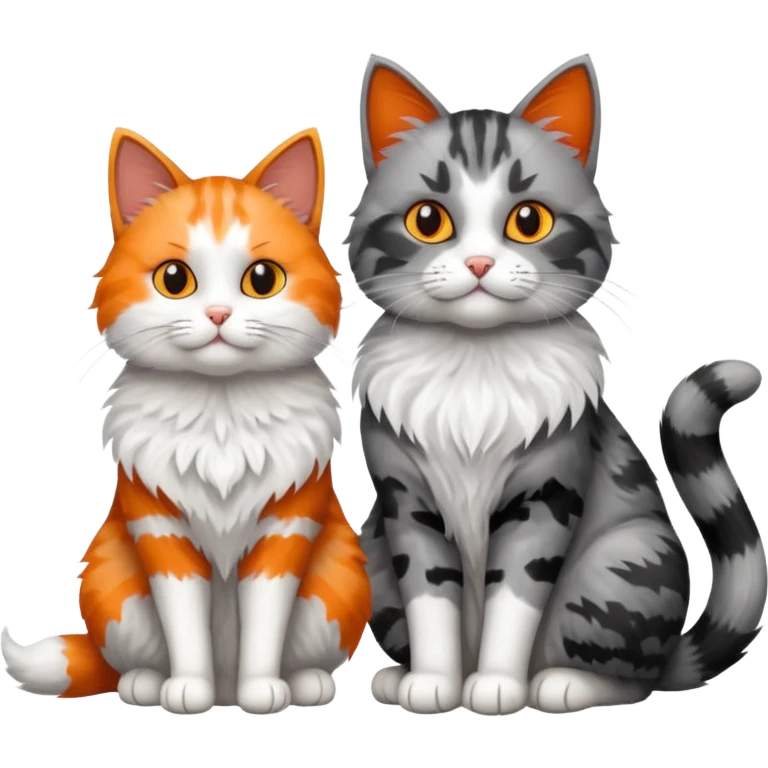 a very fluffy grey and white cat sitting next to another cat emoji