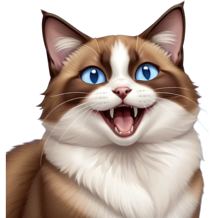 Cinematic Cute Yawning Brown Mantle Snowshoe Cat Portrait Emoji, Head tilted slightly with a dramatic, wide-open yawn, smooth brown fur draping elegantly over its back with contrasting white paws, chest, and facial markings, piercing icy-blue eyes that are barely open, Simplified yet irresistibly adorable features, highly detailed, glowing with a soft, cozy glow, high shine, relaxed yet expressive, stylized with a touch of whimsy, bright and endearing, soft glowing outline, capturing the essence of a sleepy yet affectionate kitty, so drowsy it feels like it could stretch right out of the screen and curl up for a nap! emoji