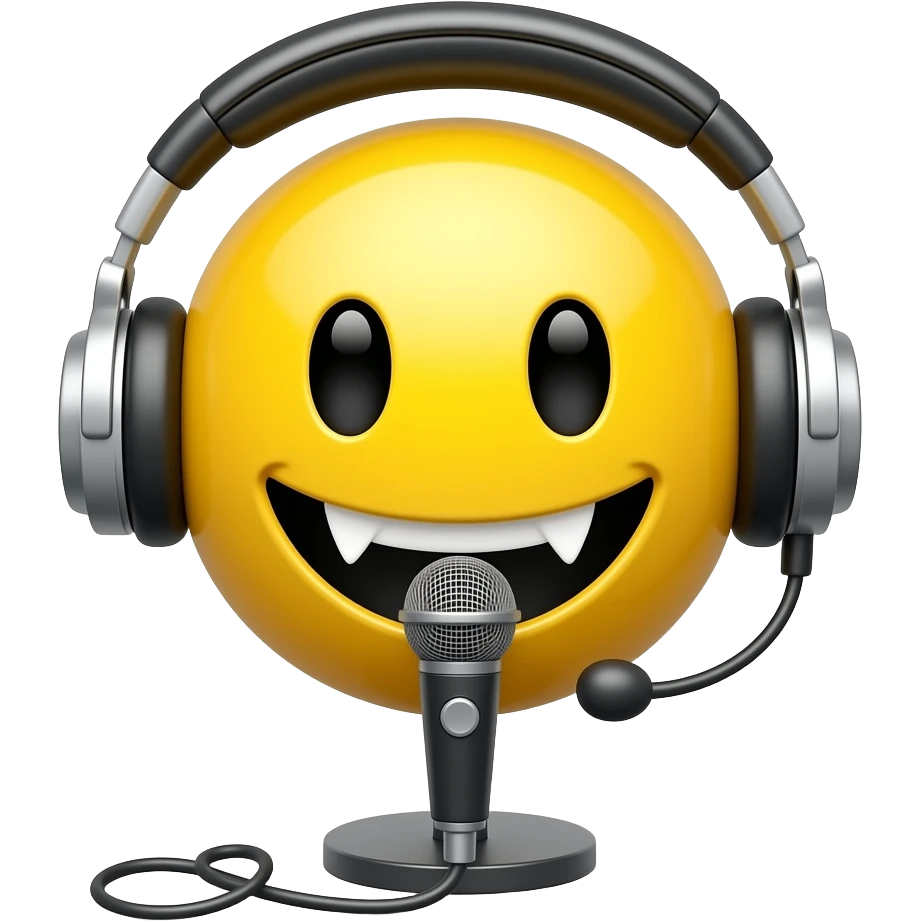 Vampire yellow smiley face with headphones and a standing desk microphone emoji