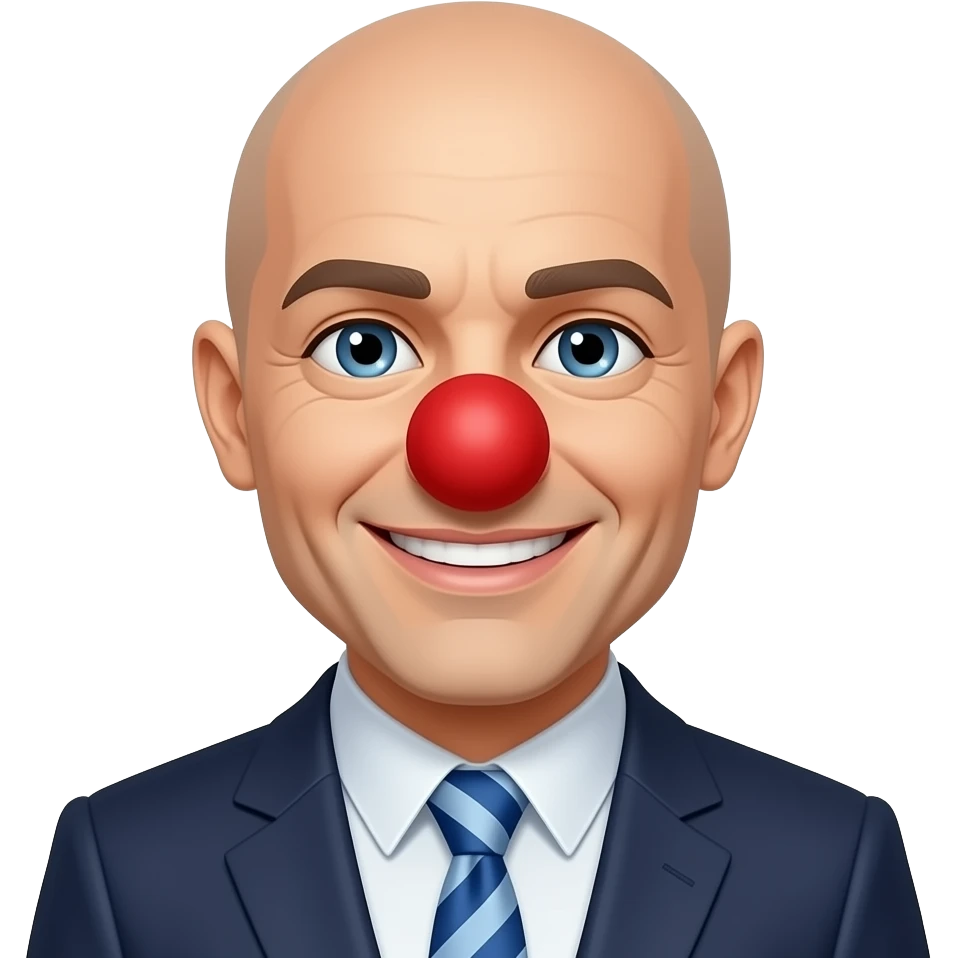totally bald person with blue eyes and a suit and tie with a smila and a clown nose emoji