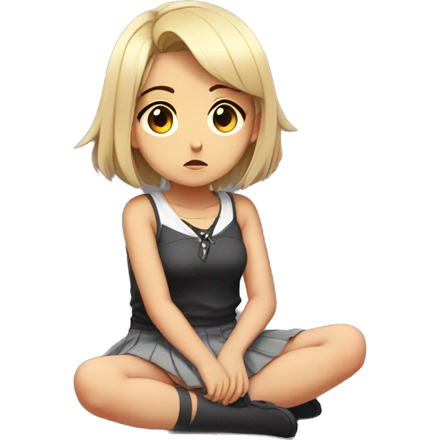 anime girl sad full body, Mini skirt, sits on the floor straight view emoji