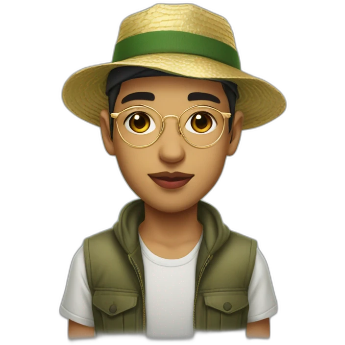 young algerian guy with big pink lips and thin gold transparent glasses, wearing fishing hat with a scar on left cheek emoji