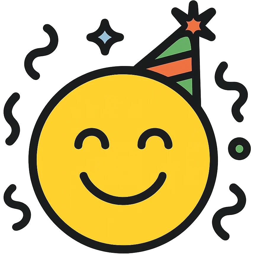 emoji celebrating with party hat, confetti, smiling, color outline icon style emoji