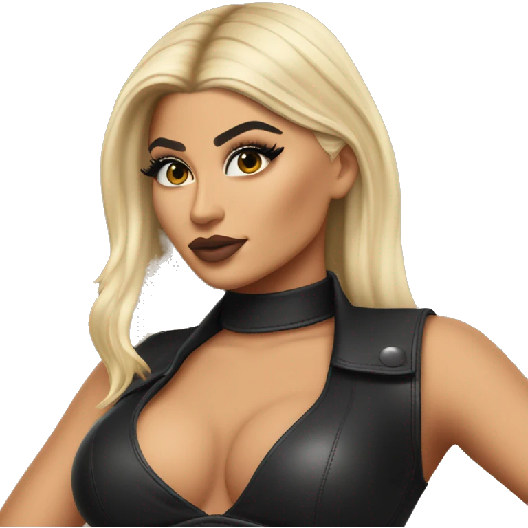 Emoji of Kylie Jenner with blonde hair in a black lether outfit with bra inside confidently pointing forward with a stylish, influencer vibe emoji