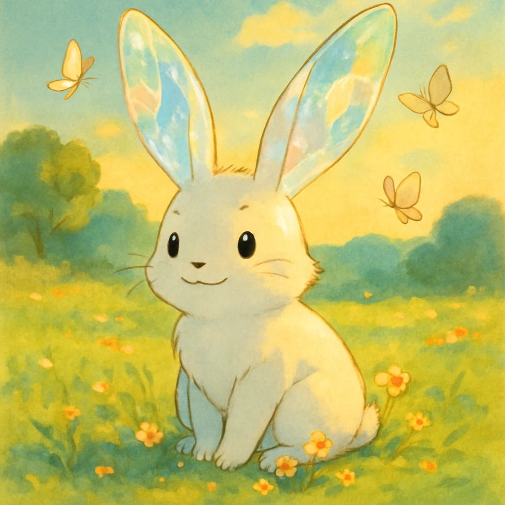 A playful rabbit spirit companion with partially translucent ears that catch the sunlight like crystal, leaving small flowers blooming with each hop, sitting in a meadow with butterflies circling around it emoji