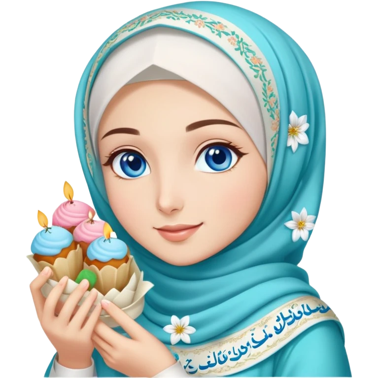 Turkish beautiful finish Konya girl blue eyes with lily floral hijab islamic dress and had on her hand text Eid Mubarak with sweets and celebrating with her friends eid days   emoji