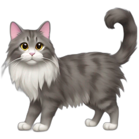 grey norweigian forest cat walking profile furry bushy tail long whiskers furry and fluffy white front and back paws eyes a pink dark brown edged nose small triangular ears emoji