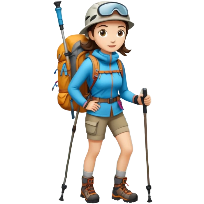 female mountain climber with backpack and hiking poles emoji