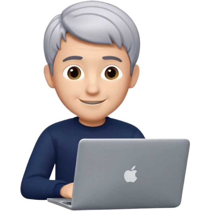 3D Memoji of the man from the photo, short salt-and-pepper hair, dark navy sweater, sitting with a silver laptop, Pixar style, white background, professional smile emoji