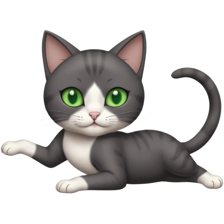 dark grey cat with green eyes, white toes/paws and white patch on her chest playfully rolling upside down emoji