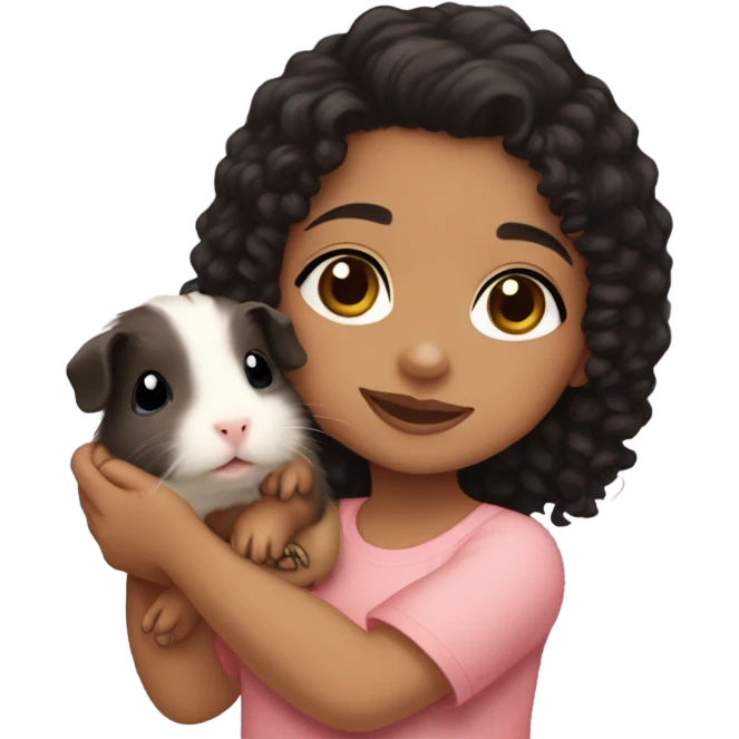 Little light skin girl with black curly hair holding a light brown Guinea pig emoji