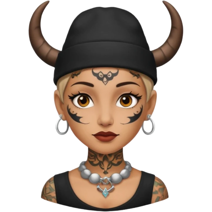 Woman with small horns — black hat, face tattoos emoji