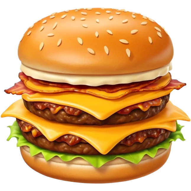 bacon burger object icon, crispy bacon strips, beef patty, melted cheese, sesame bun, 3D cartoon, mobile game icon style, clean background, no text, no watermark
 emoji