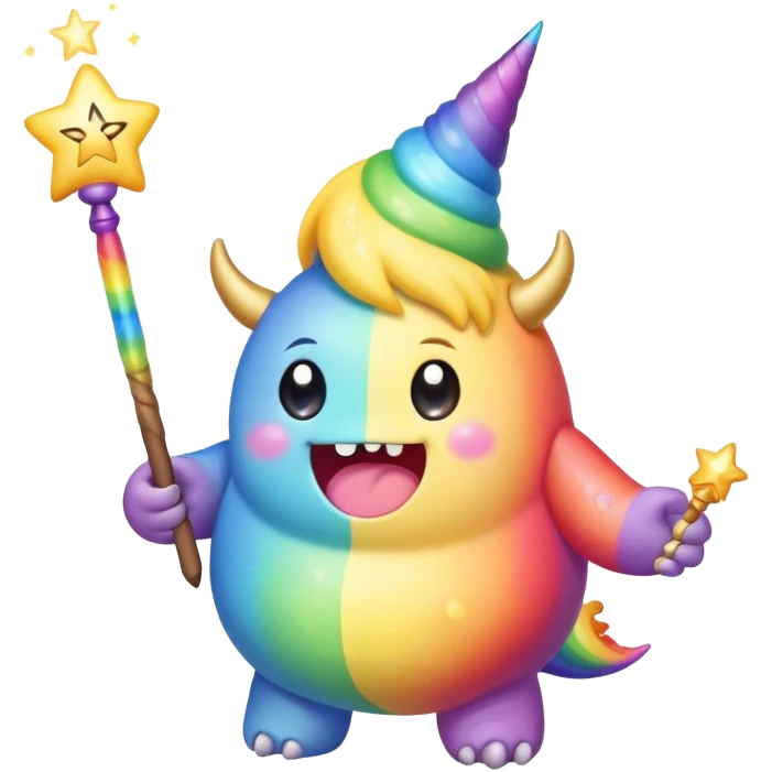 Kawaii derpy fat rainbow monster with magic wand  emoji