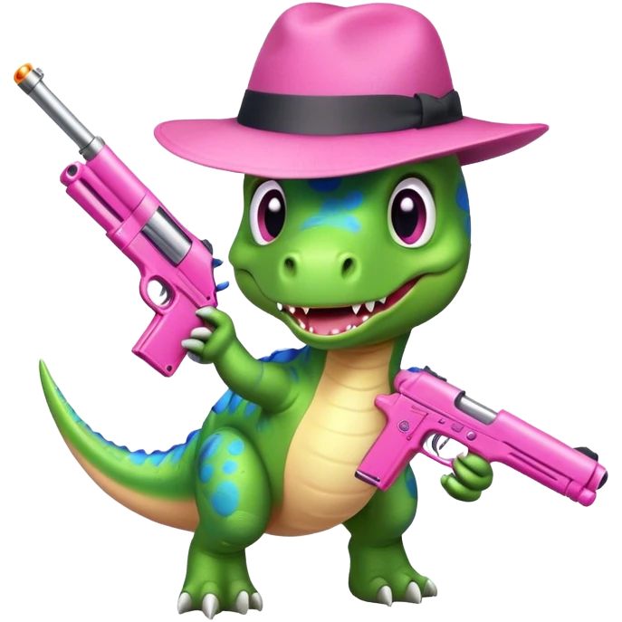 dino with a hat and a pink gun emoji