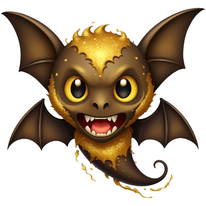A bat spooky creature covered with swirling golden particles and with a dark aura, sharp teeth, menacing. emoji