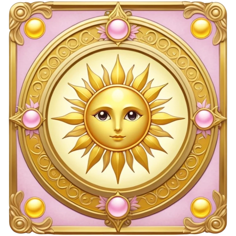 magical tarot-like card inspired by the Clow Cards from Cardcaptor Sakura. The card has ornate golden borders, a sun or moon symbol at the top, and a mysterious illustration in the center. The background is a soft, enchanted pastel tone. emoji