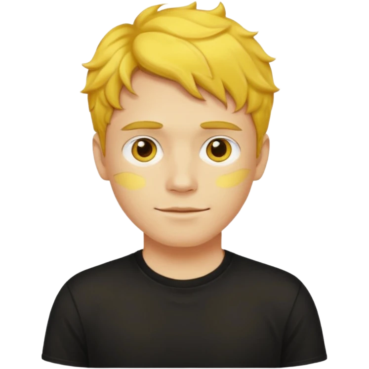 A (yellow-skinned man). (Bright-yellow skin). Yellow face. Yellow emoji. He has short wavy (light-brown hair) and wearing a black t-shirt, and a visible bulge on the groin area molding his testicles. emoji