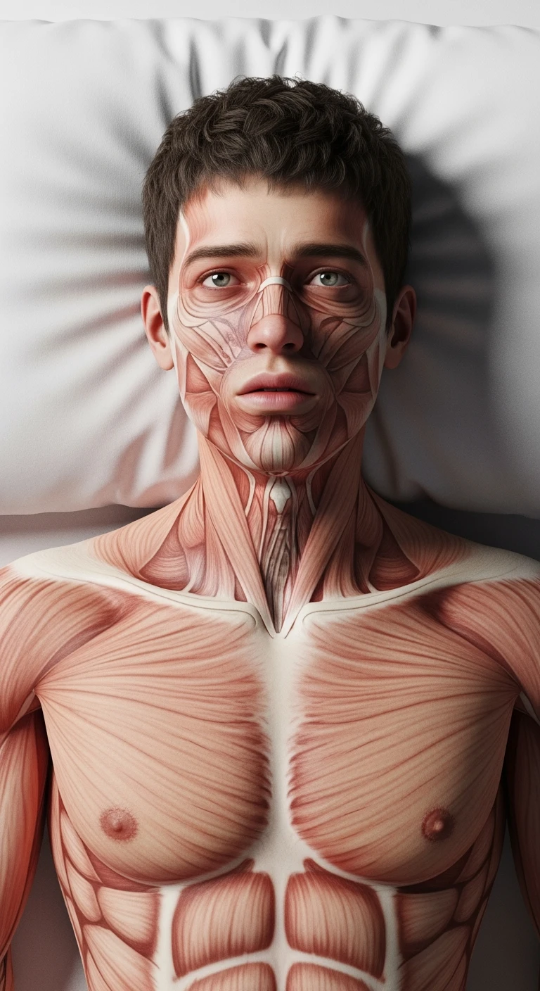 corpo umano anatomico realistico con la testa poggiata sul cuscino ma gli occhi aperti perché non riesce a dormire, visto dall'alto, sfondo bianco
IPERREALISTICO 4K emoji