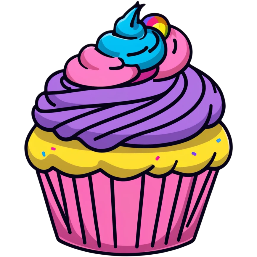 cupcake with swirled pink icing and rainbow sprinkles emoji