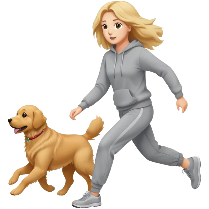 A beautiful girl with fair skin wearing a sweatshirt and sweatpants chasing a dog emoji