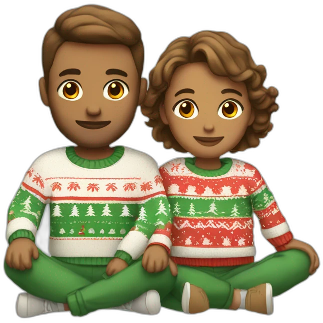 gay couple sitting in christmas sweathers and sweatpants with brown faded haircut emoji
