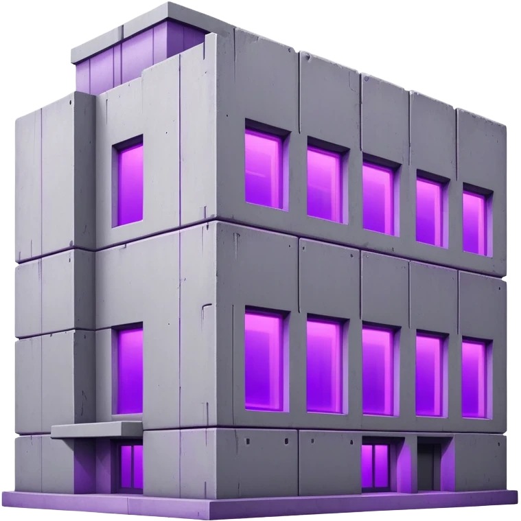Rectangular gray concrete building with purple UV light shining from a single window, urban brutalist architecture emoji