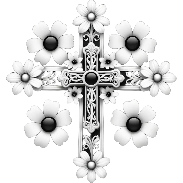 a black and white detailed cross with black and white flowers over the top emoji