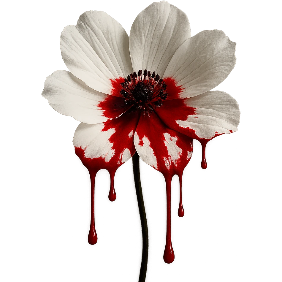 a white flower with red blood, visually striking, no text, dramatic contrast, artistic, bold and simple emoji