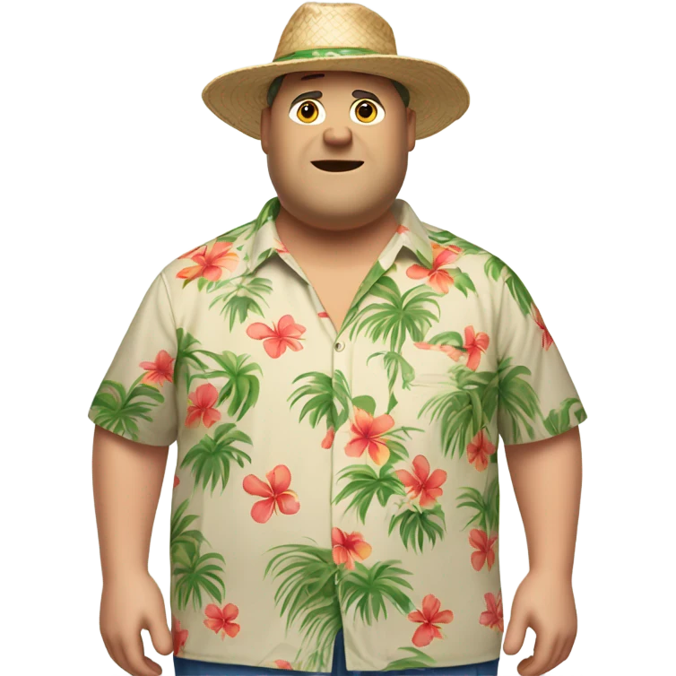 a middle aged obese white man with a hawaiian shirt, with a hawaiian hat, khaki shorts and flip flops   emoji