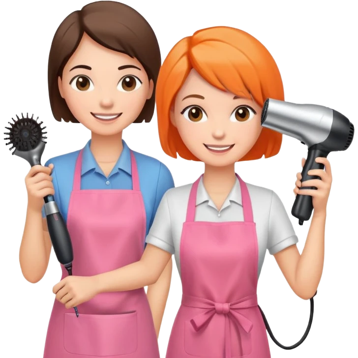 happy woman in pink apron getting a haircut from smiling female hairstylist in orange apron, holding hairdryer in right hand emoji